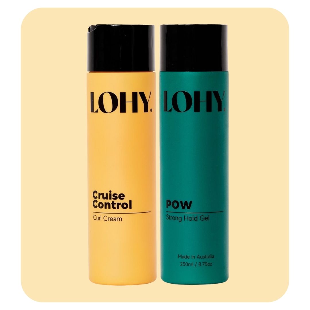 lohy cruise control curl cream and pow strong hold gel on a pastel yellow background