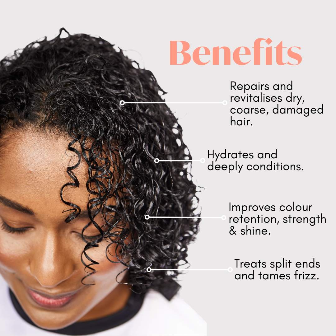 Benefits written over the top of curly hair 