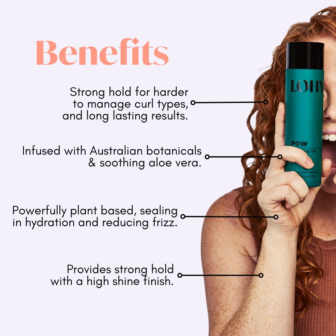 Benefits of using curly hair strong hold gel written beside red hair person