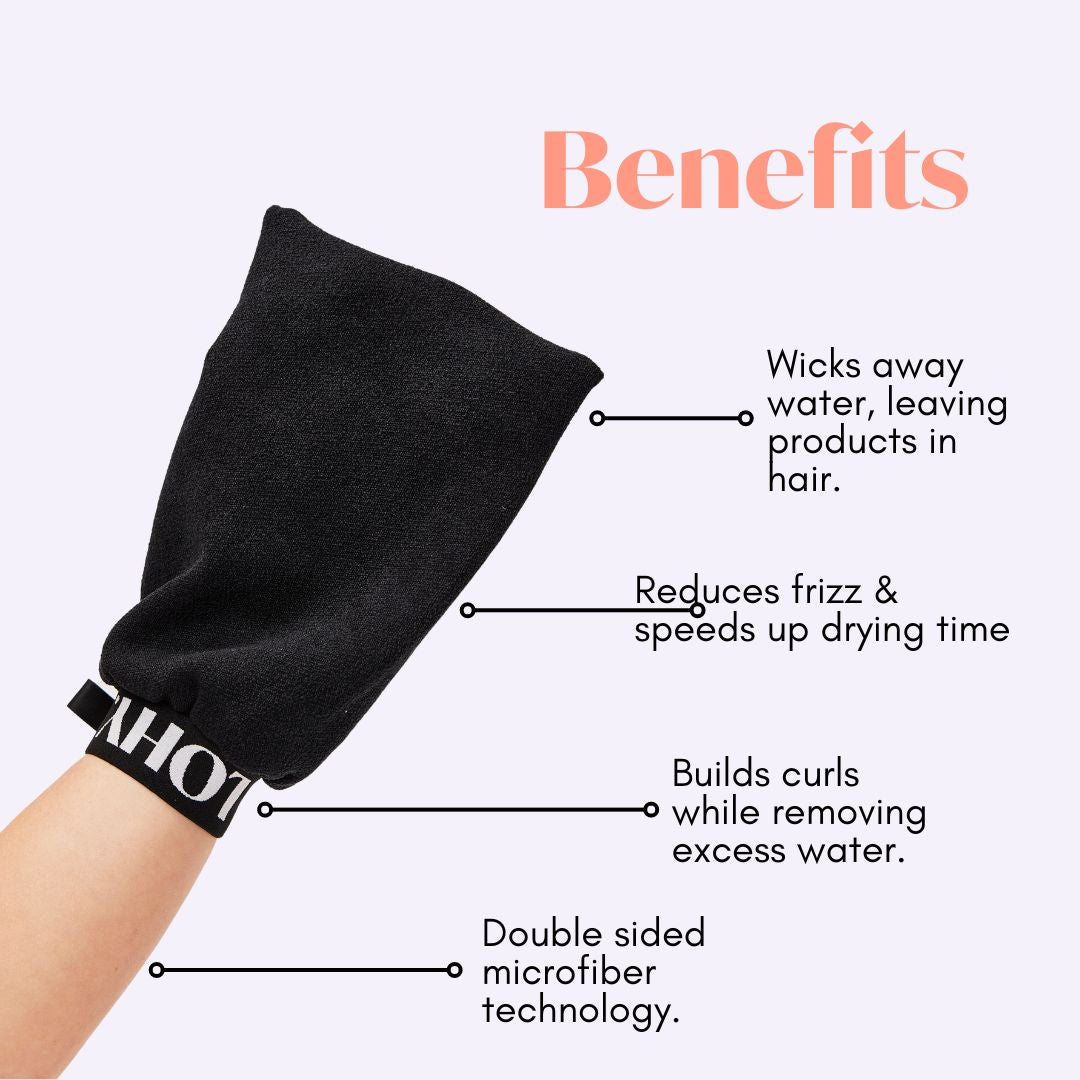 Curly hydration glove with key benefits written beside