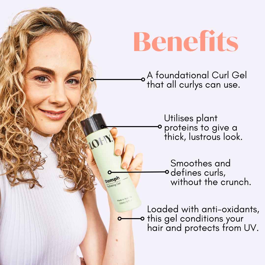 Benefits of using Oomph hydrating gel written beside blonde curly hair