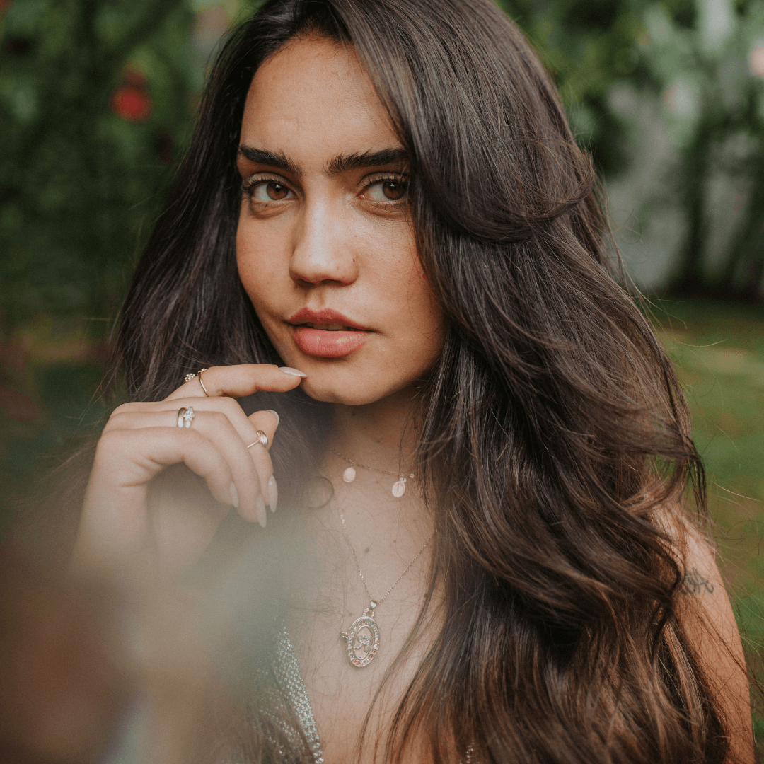 woman with long wavy brunette hair