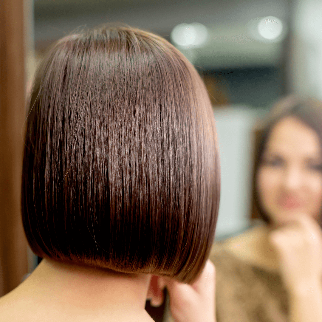 lady with bob cut brunette hair