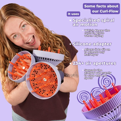 curly hair blonde woman holding curl flow, next to facts about the universal diffuser states it uses specialised air motion, a silicone adapter to fit a on most hairdryers, and 234+ air apertures to distribute air evenly.