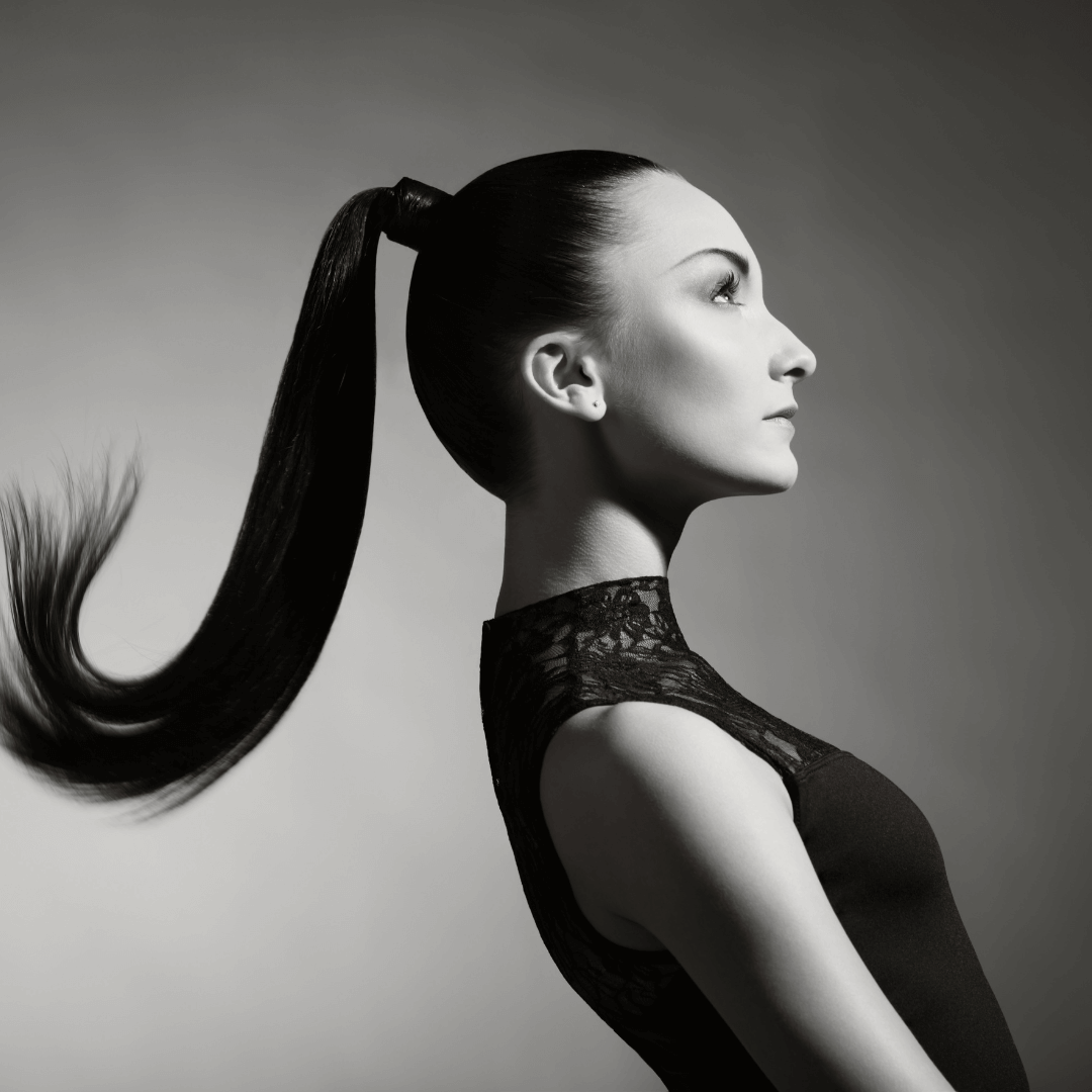 woman with long swaying ponytail