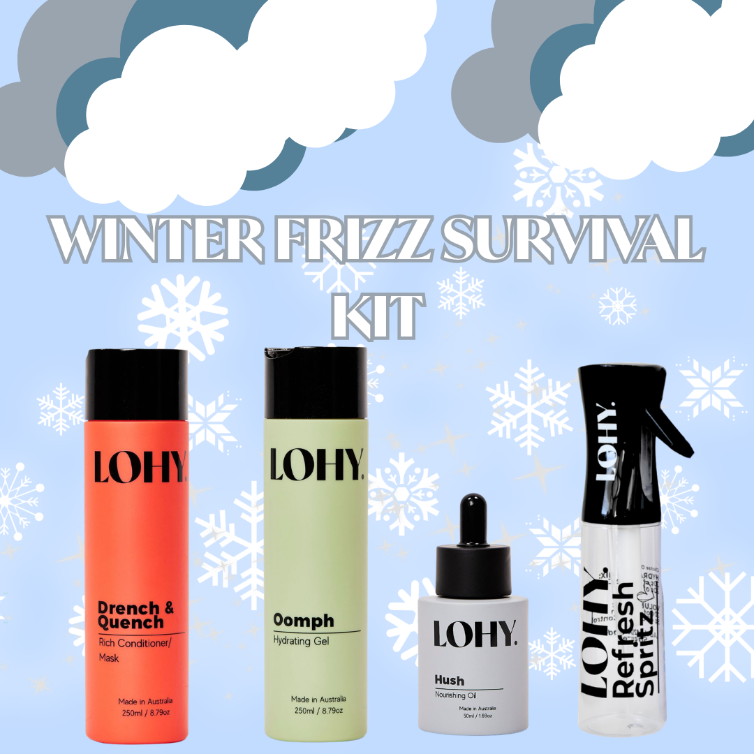 LOHY. winter bundle with drench, oomph, hush and refresh spritz with the words "Winter Frizz Survival Kit"
