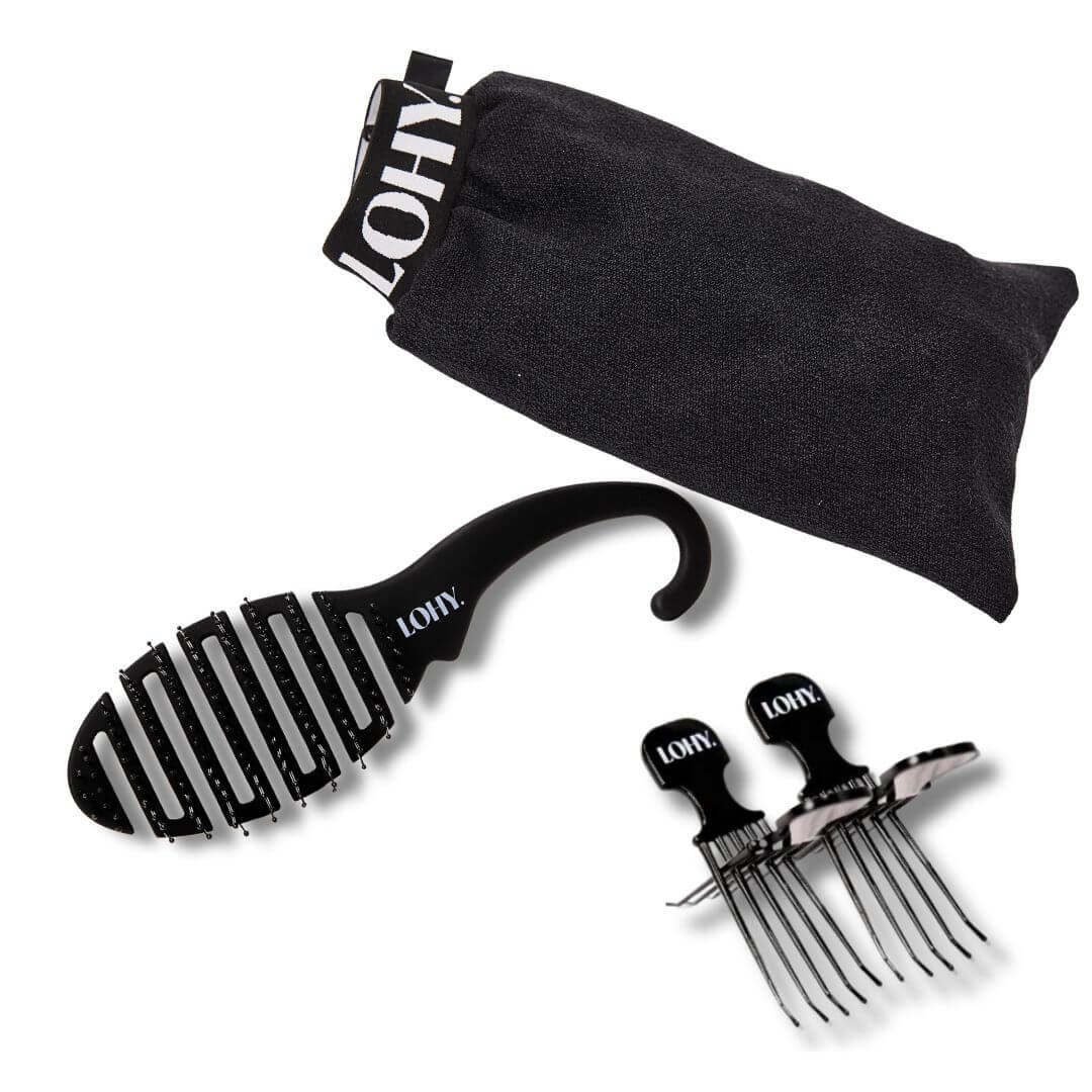 Curl hydration glove with a hook flexi brush and volume combs