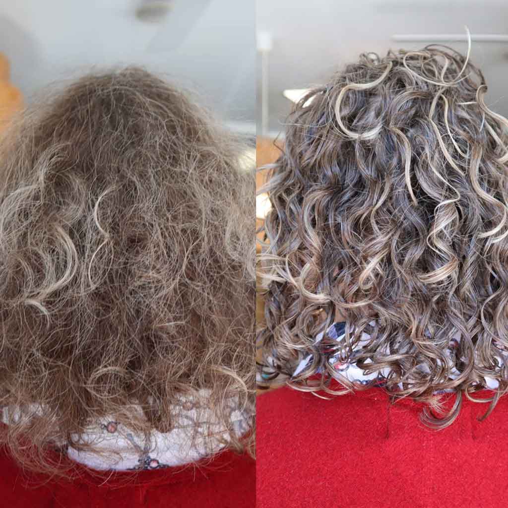 Before and after silver frizzy hair using Nourish &amp; Flourish Conditioner Yeshair Australia