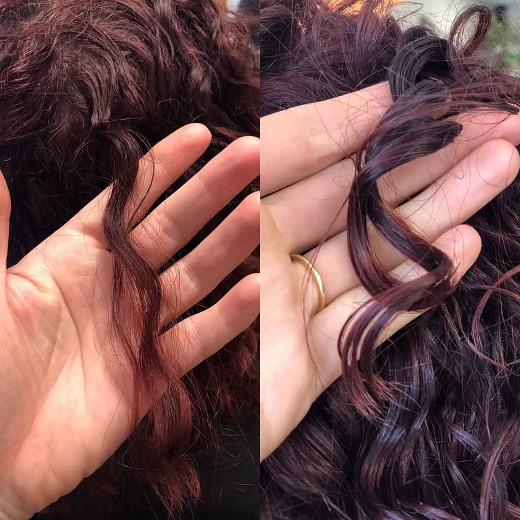 Before and after of purple frizzy curl