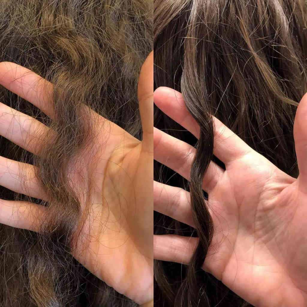 Hand holding one clump of curls showing before and after using curly hair products