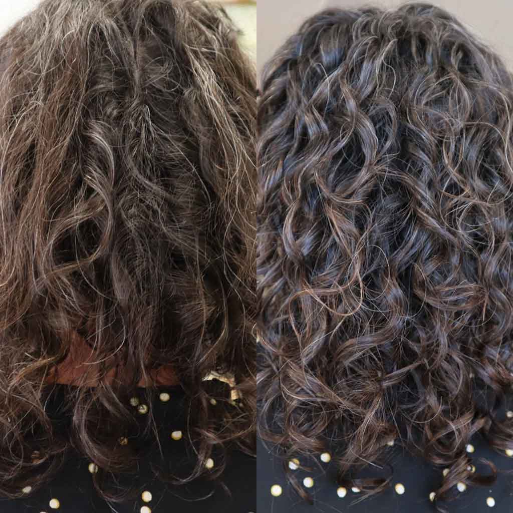 Before and after brunette curly hair using Nourish &amp; Flourish Conditioner