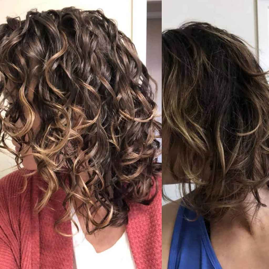 Before and after of short curly brown hair